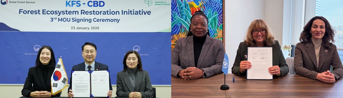From L.R.: signing ceremonies held by the Korea Forest Service and the CBD Secretariat